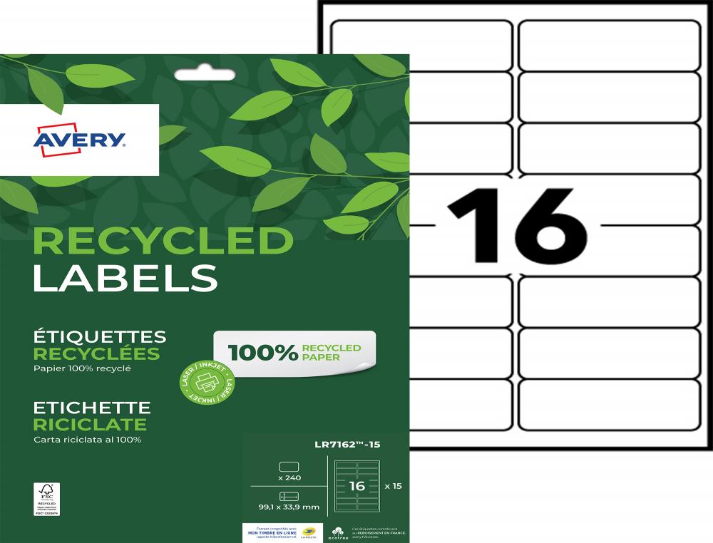 8308661g-1.jpg Etiq.las.recy 99.1x33.9 15f240etiquette recyclee - avery - impression laser - 99.1x33.9mm - 15 feuilles – Image 1