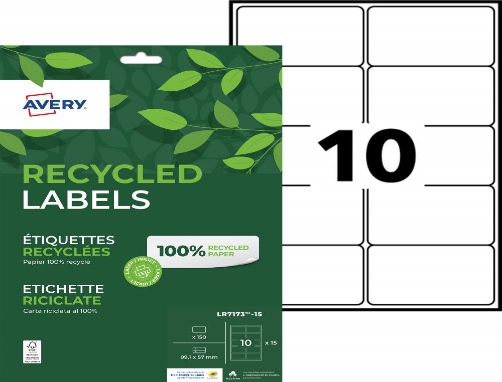 8308663g-1.jpg Etiq.las.recy 99.1x57 15f 150eetiquette recyclee - avery - impression laser - 99.1x57mm - 15 feuilles – Image 1