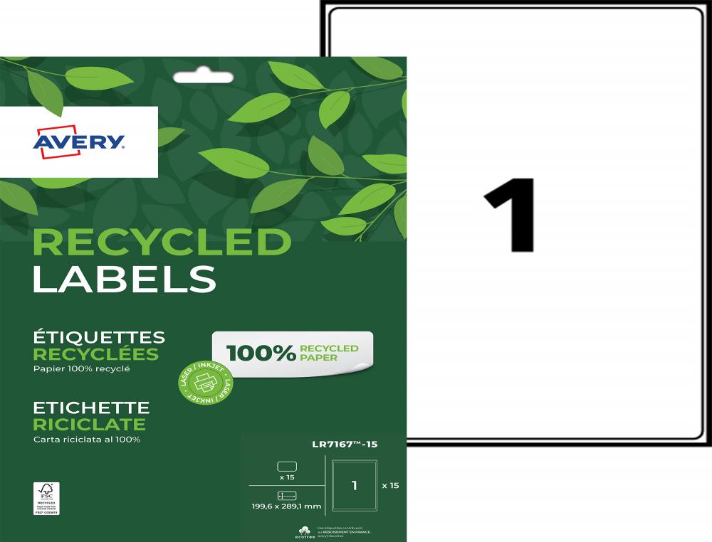 8308666g-1.jpg Etiq.las.recy 199.6x289.1 15f1etiquette recyclee - avery - impression laser - 199.6x289.1mm - 15 feuilles – Image 1