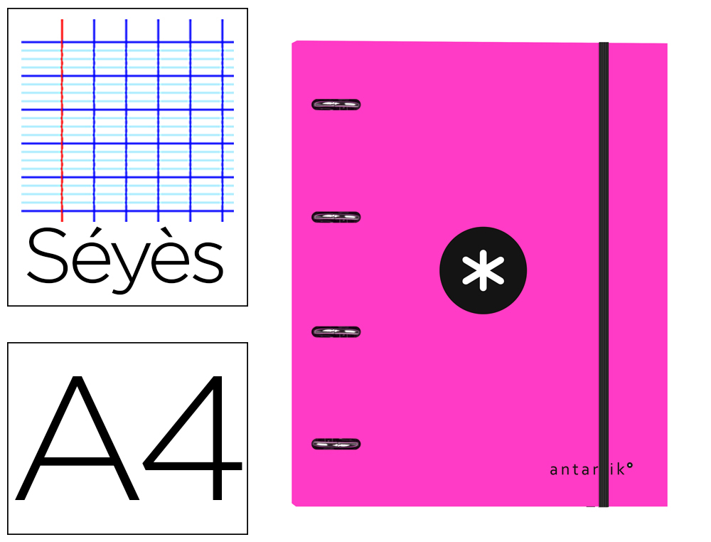 Classeur antartik 4 anneaux 25mm a4 carton remborde       feuillets mobiles seyes       coloris rose