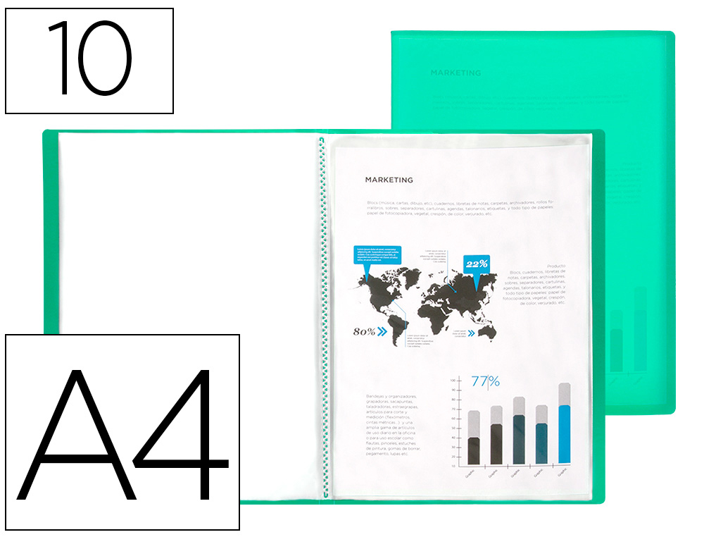 910988g-2.jpg Protege-documents liderpapel polypropylene couverture flexible 10 pochettes fixes a4 210x297mm vert translucide – Image 1