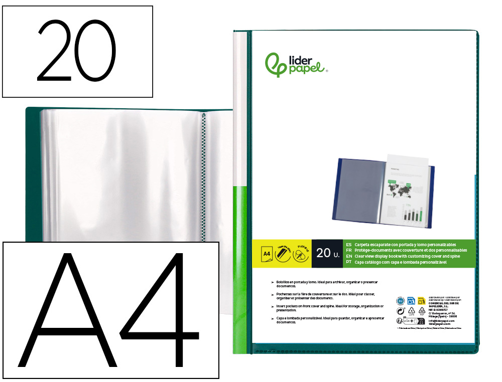 911046g-1.jpg Protege-docs liderpapel kangourou personnalisable polypro 20 pochettes fixes a4 210x297mm vert translucide – Image 1