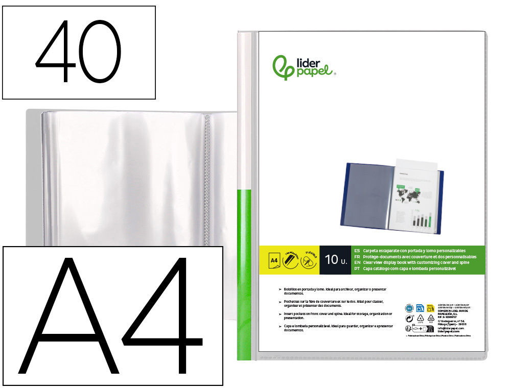 911047g-1.jpg Protege-docs liderpapel kangourou personnalisable polypro 40 pochettes fixes a4 210x297mm transparent – Image 1