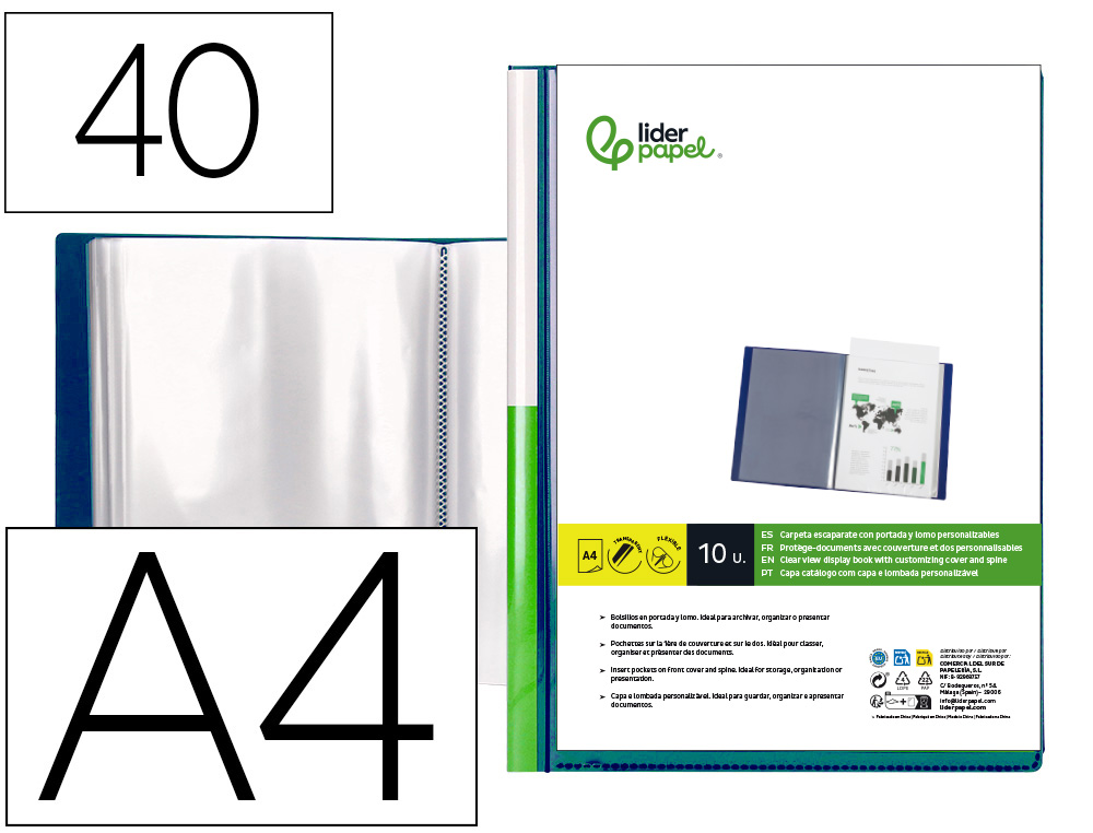 911049g-1.jpg Protege-docs liderpapel kangourou personnalisable polypro 40 pochettes fixes a4 210x297mm bleu translucide – Image 1