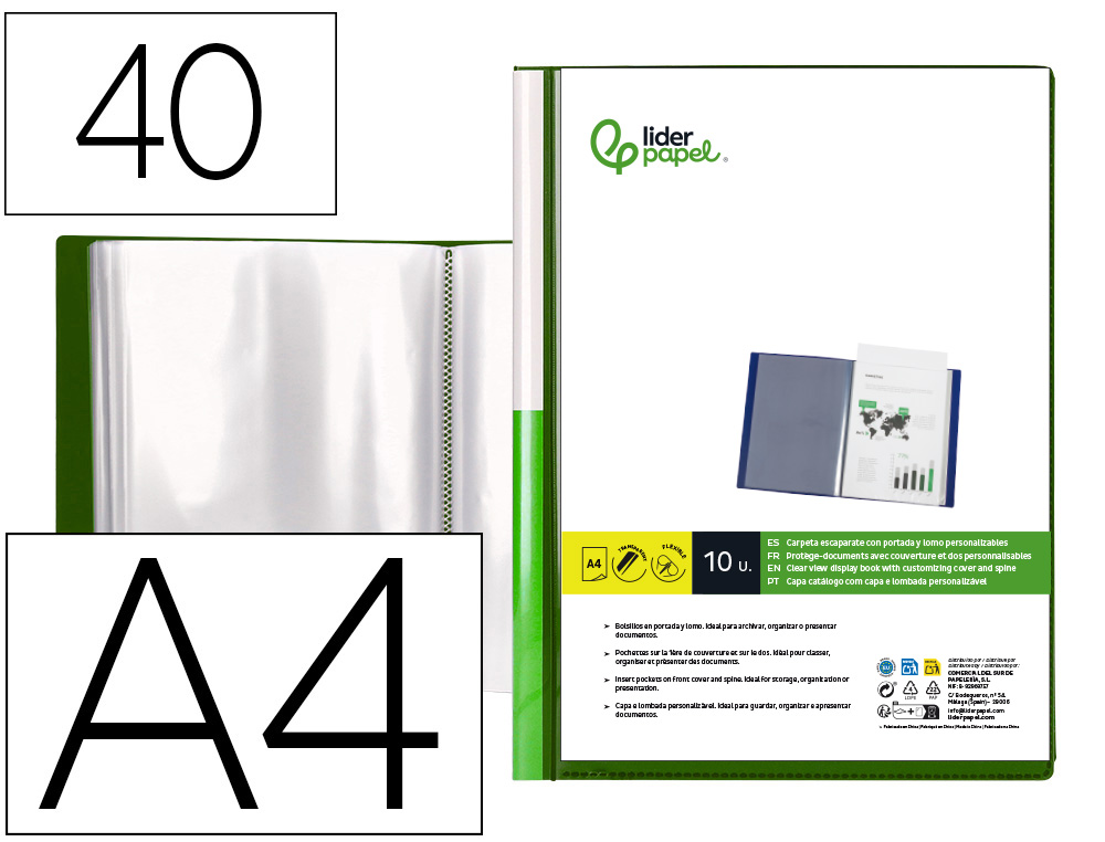 911050g-1.jpg Protege-docs liderpapel kangourou personnalisable polypro 40 pochettes fixes a4 210x297mm vert translucide – Image 1