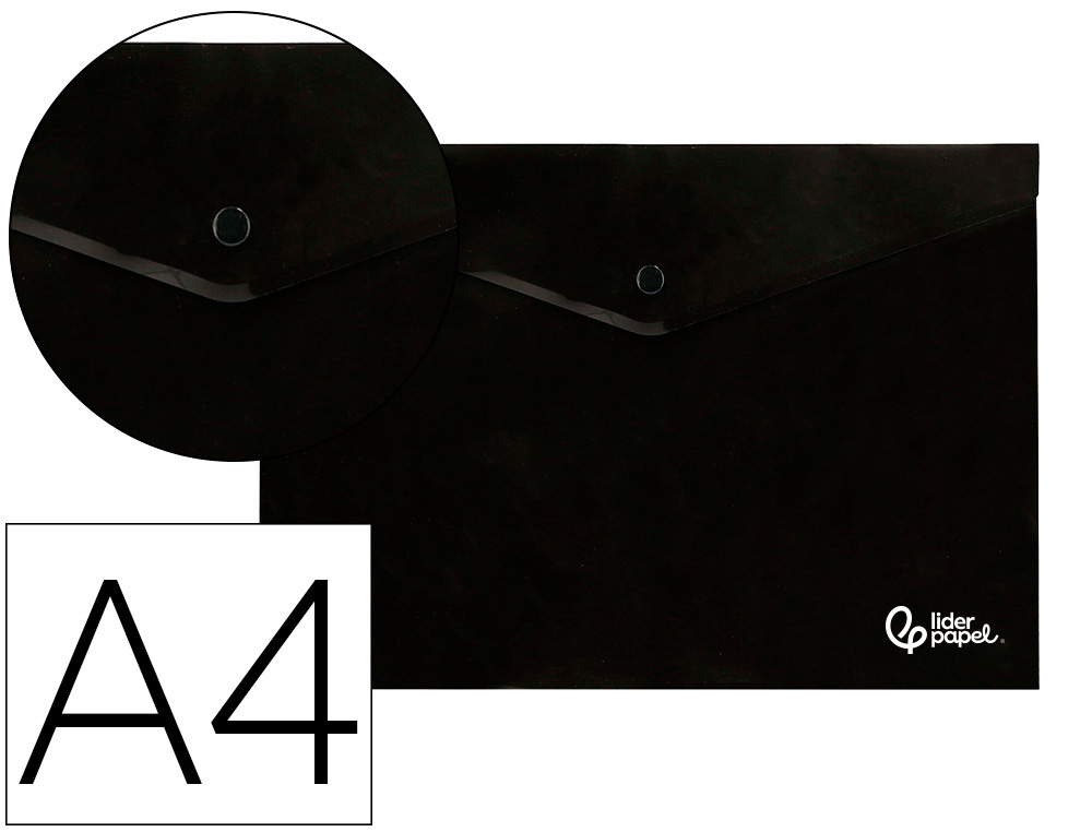 911061g-1.jpg Pochette enveloppe liderpapel polypropylene 180 microns a4 97x210mm 50f fermeture bouton resistant noir opaque – Image 1