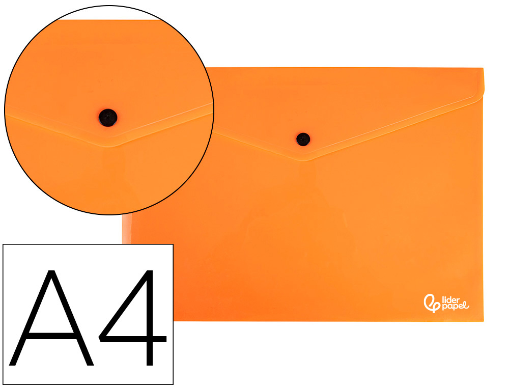 911285g-1.jpg Pochette enveloppe liderpapel polypropylene 180 microns a4 97x210mm 50f fermeture bouton orange fluo opaque – Image 1