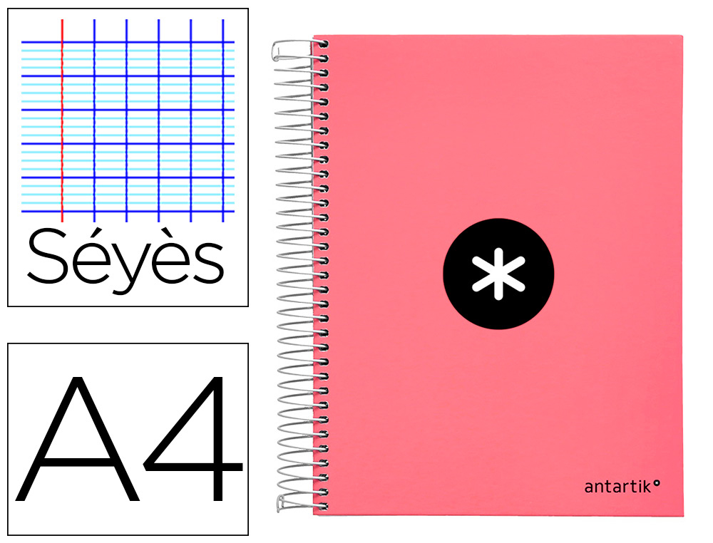 9163842g-1.jpg Cahier spirale antartik a4 100g couverture rembordee seyes sans bandes 4 trous coloris corail – Image 1