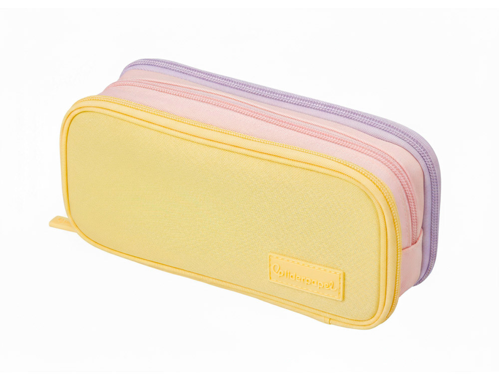 9171450g-1.jpg Trousse liderpapel funky 3 fermetures eclair jaune rose et lilas 220x100x65mm – Image 1