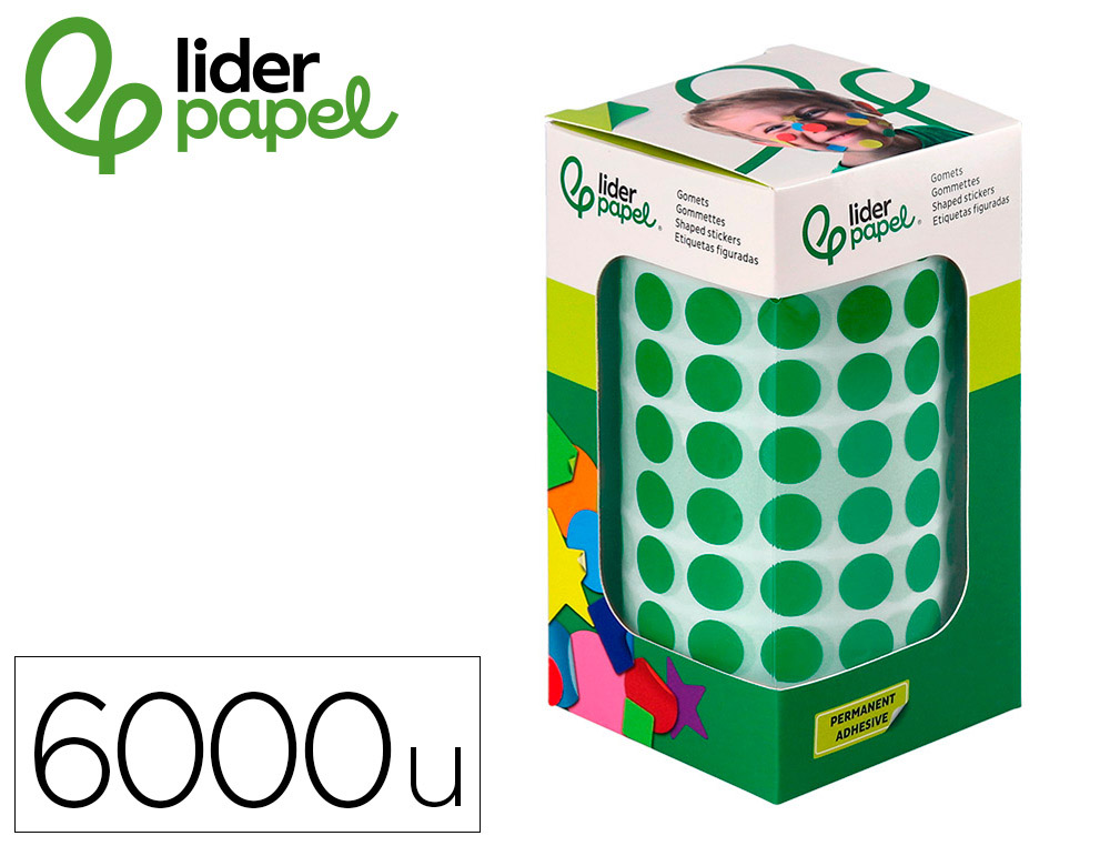 9172105g-1.jpg Pastille adhesive liderpapel diametre 10,5mm coloris vert rouleau 6000 unites boite carton – Image 1