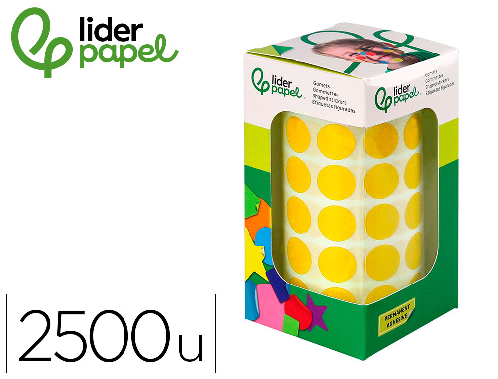 9172106g-1.jpg Pastille adhesive liderpapel diametre 15mm coloris jaune rouleau 2500 unites boite carton – Image 1