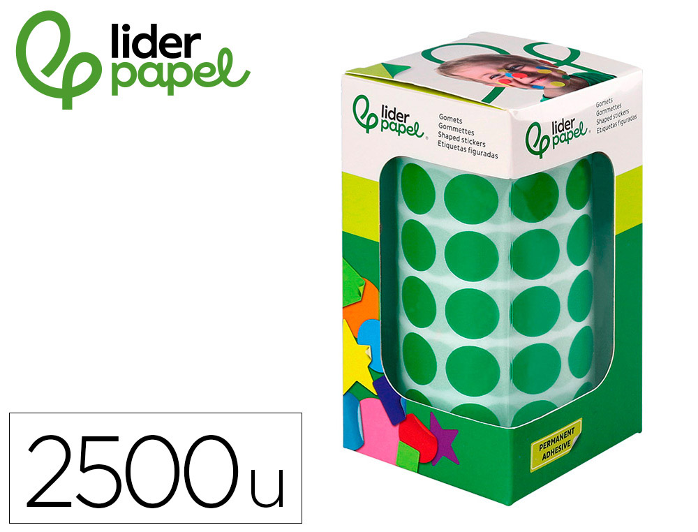 9172109g-1.jpg Pastille adhesive liderpapel diametre 15mm coloris vert rouleau 2500 unites boite carton – Image 1