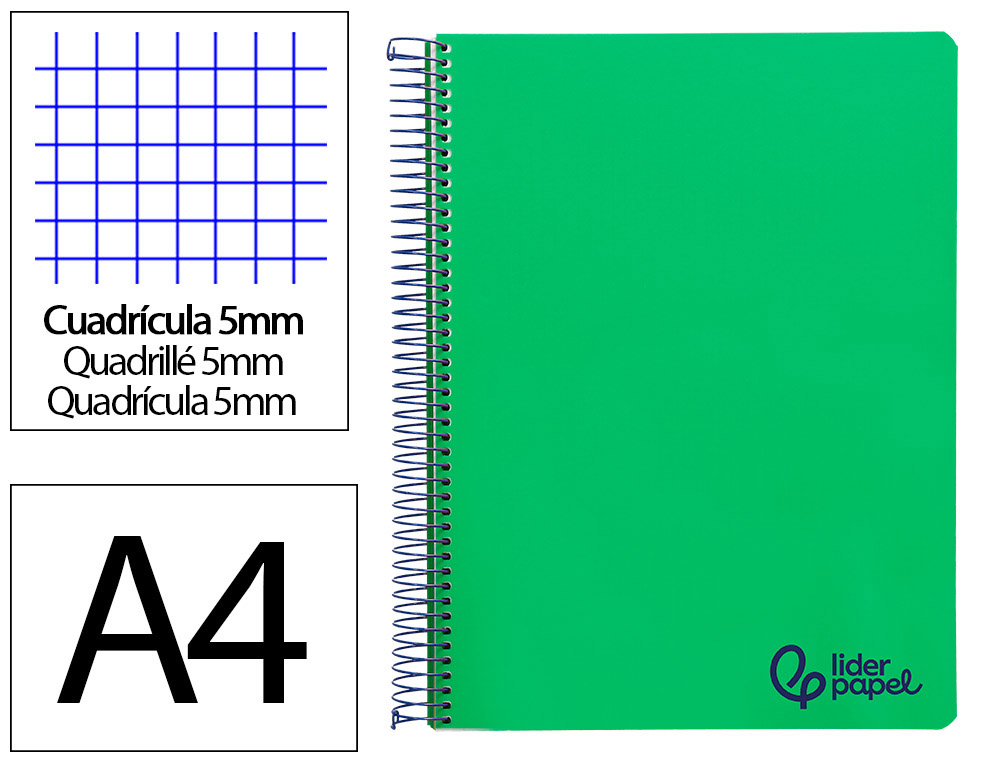 9172836g-1.jpg Cahier spirale liderpapel a4 micro wonder 240 pages 90g 5x5mm 4 trous 5 bandes couleurs vert – Image 1