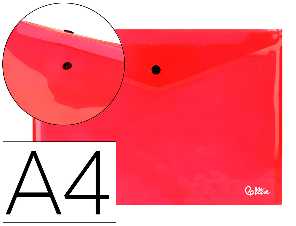 Pochette enveloppe liderpapel polypropylène 180 microns a4 297x210mm 50f fermeture bouton résistant transparent rouge