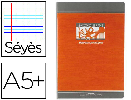 Cahier travaux pratiques piqué conquérant sept couverture offset a5+ 17x22cm 64 pages 70g 32 séyès/32 unies