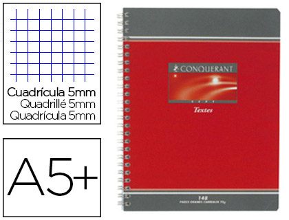 Cahier textes piqué conquérant sept couverture offset a5+ 17x22cm 124 pages 70g quadrillage 5x5