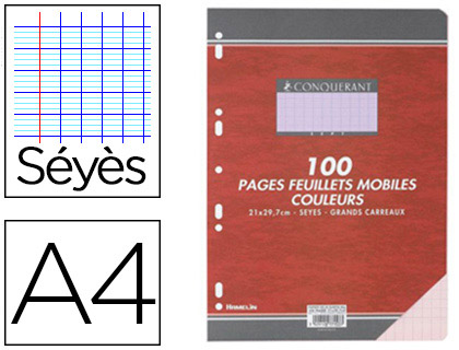 Feuillet mobile conquérant sept a4 210x297mm 100 pages 80g séyès perforé coloris rose