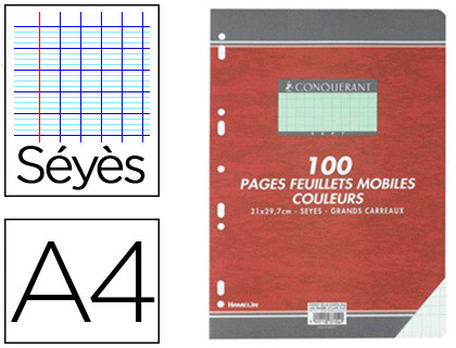 Feuillet mobile conquérant sept a4 210x297mm 100 pages 80g séyès perforé coloris vert