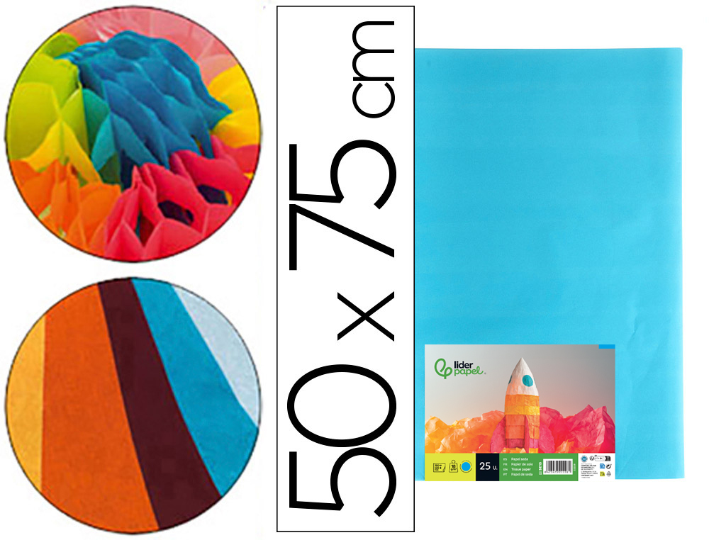 Papier de soie liderpapel 52x76cm 18g/m2 unicolore bleu ciel sachet 25f