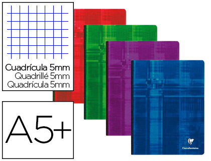 Cahier broché clairefontaine papier vélin velouté couverture souple pelliculée a5+ 17x22cm 192 pages 90g 5x5mm