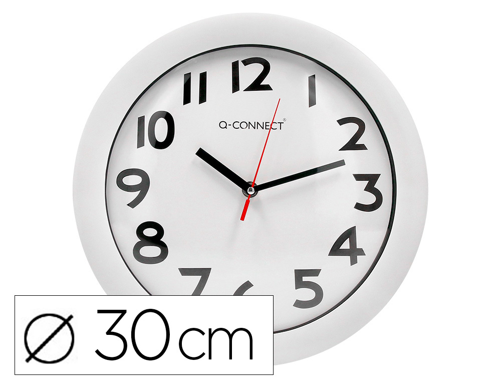 922366g-1.jpg Horloge q-connect murale plastique design actuel numéros noirs fond blanc 1 pile aa non fournie diamètre 30cm blanc – Image 1