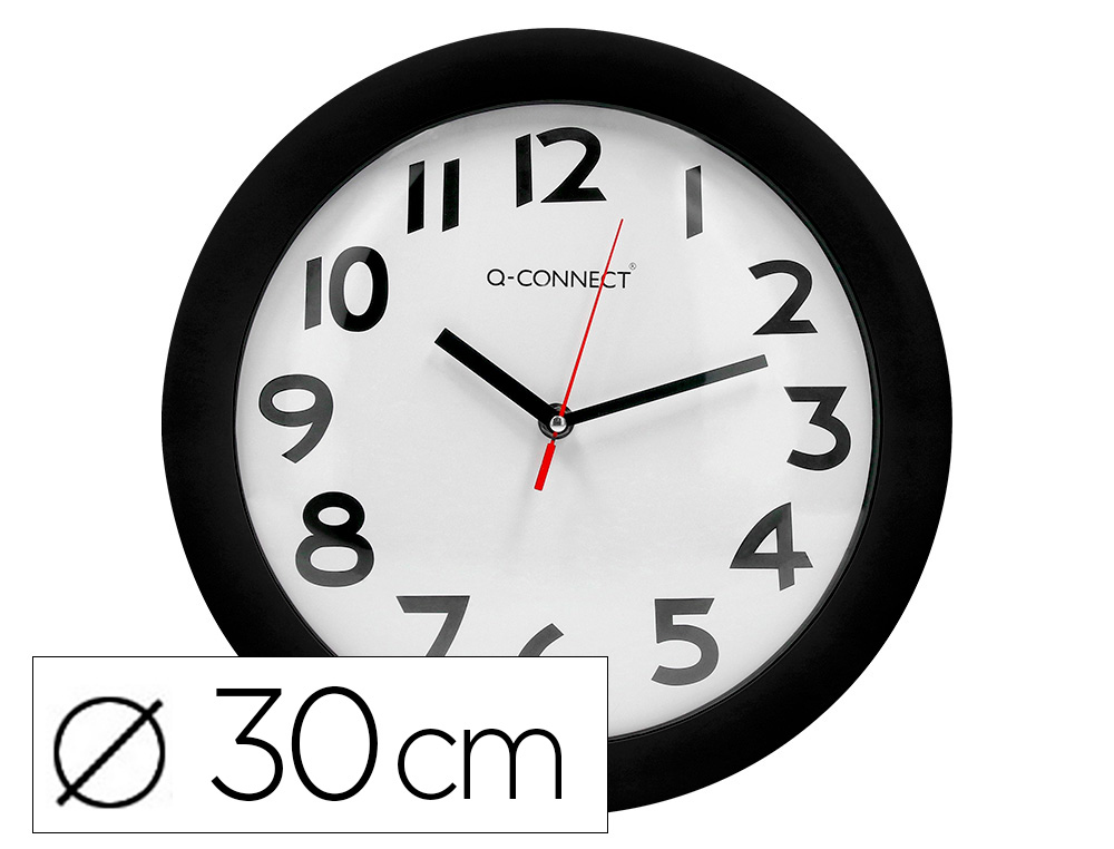 922367g-1.jpg Horloge q-connect murale plastique design actuel numéros noirs fond blanc 1 pile aa non fournie diamètre 30cm noir – Image 1