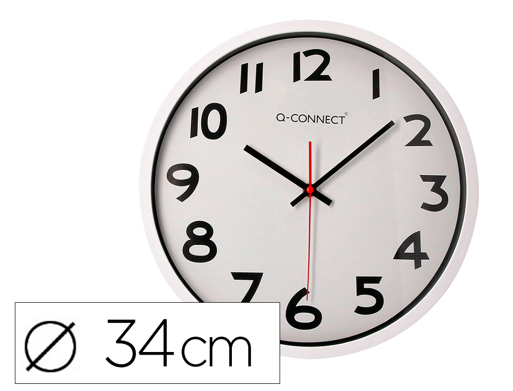 922368g-1.jpg Horloge q-connect murale plastique design actuel numéros noirs fond blanc 1 pile aa non fournie diamètre 34cm chromé – Image 1