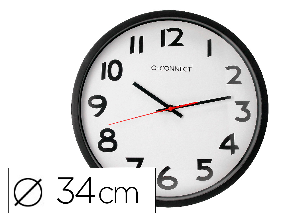 922369g-1.jpg Horloge q-connect murale plastique design actuel numéros noirs fond blanc 1 pile aa non fournie diamètre 34cm noir – Image 1