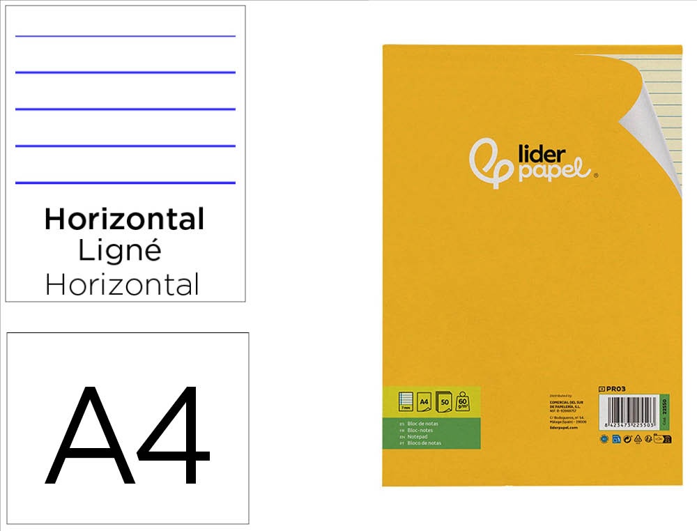 922550g-1.jpg Bloc-notes liderpapel encollé a4 210x297mm 50f 60g/m2 ligné marge feuilles jaunes – Image 1