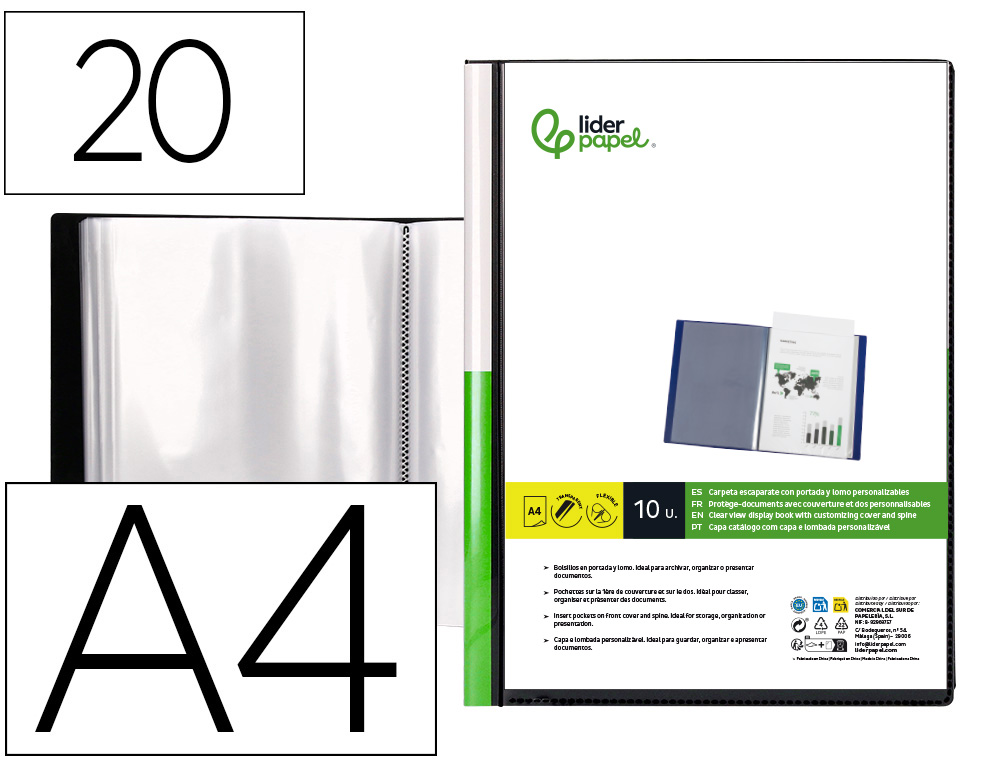 923044g-1.jpg Protège-documents liderpapel personnalisable kangourou polypropylène 20 pochettes fixes a4 210x297mm coloris noir – Image 1