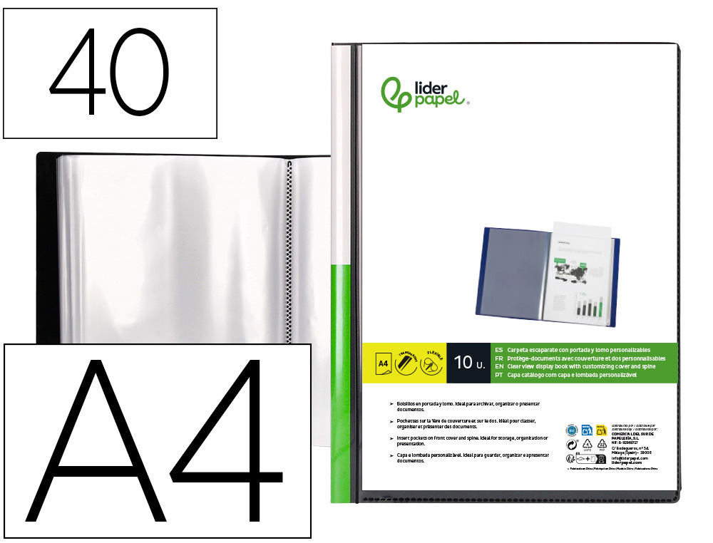 923048g-1.jpg Protège-documents liderpapel personnalisable kangourou polypropylène 40 pochettes fixes a4 210x297mm coloris noir – Image 1