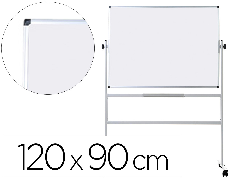 926357g-1.jpg Tableau blanc q-connect à roulettes mélaminé double face pivotant cadre aluminium surface laquée ample auget 120x90cm – Image 1