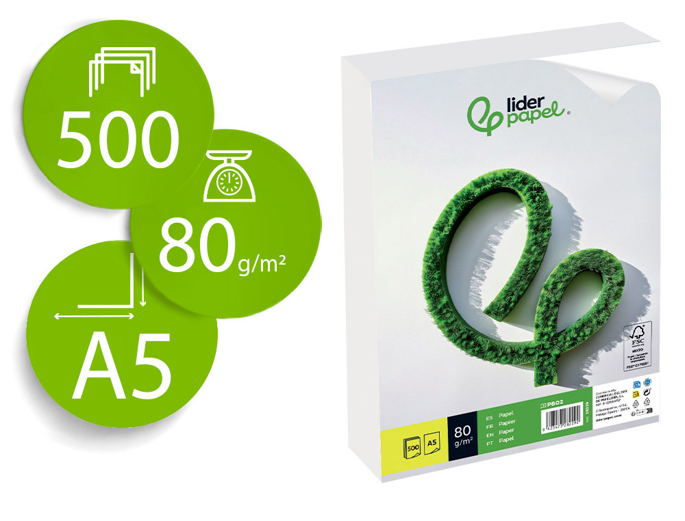 928229g-1.jpg Papier écriture liderpapel a5 148x210mm blancheur extra opacité 80g/m2 paquet 500 feuilles – Image 1