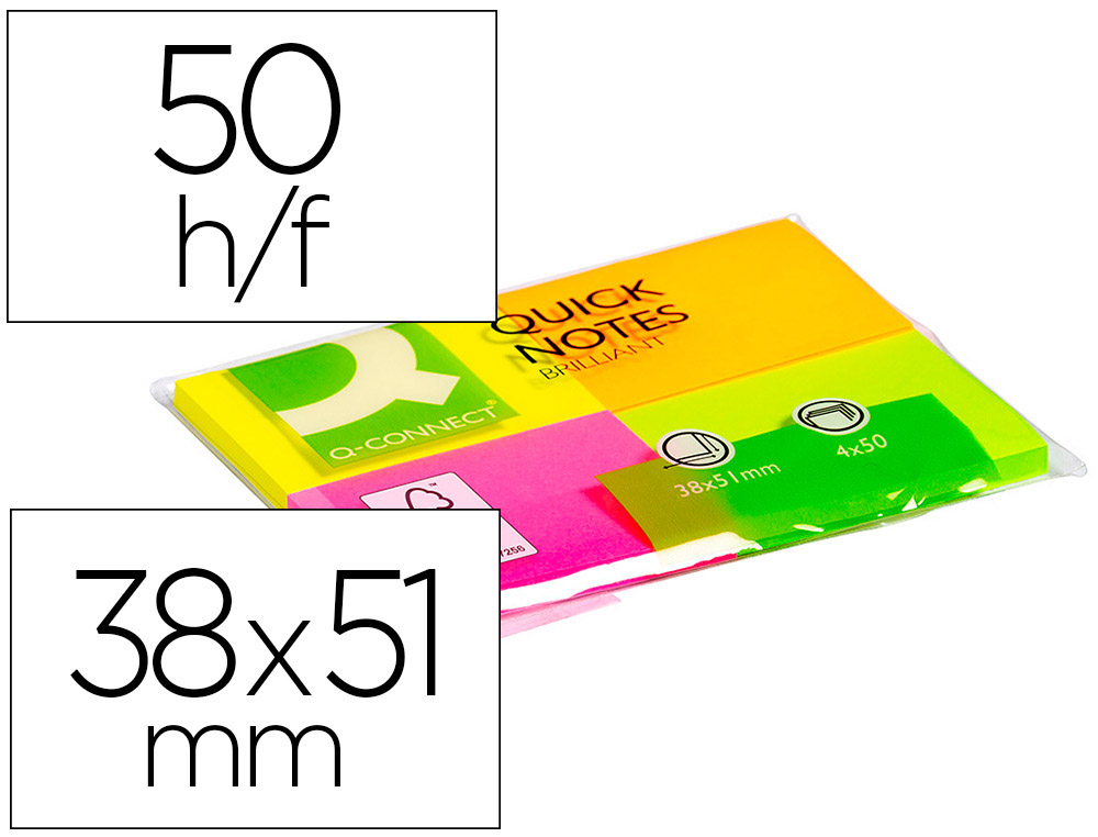 928601g-1.jpg Bloc-notes q-connect couleurs néon 38x51mm 80f repositionnables coloris assortis 4 blocs – Image 1