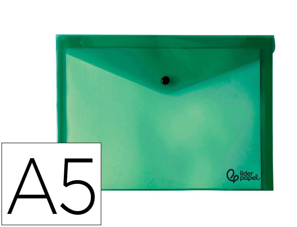 928982g-1.jpg Pochette enveloppe liderpapel polypropylène 180 microns a5 210x148mm 50f fermeture bouton résistant transparent vert – Image 1