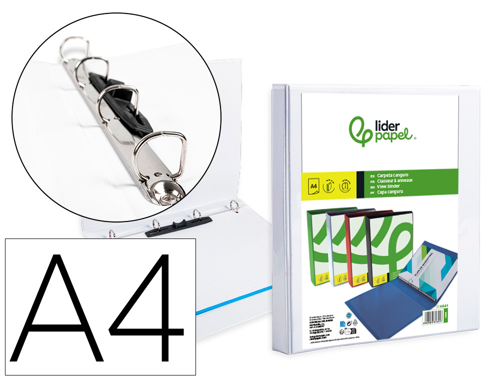 931321g-1.jpg Classeur kangourou liderpapel 4 anneaux 16mm 283x320mm document a4 plastique dos 28mm coloris blanc – Image 1