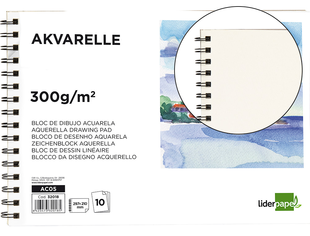 932018g-1.jpg Bloc dessin liderpapel aquarelle spirale papier grain moyen lisse 300g/m2 format a4 297x210mm 10f – Image 1