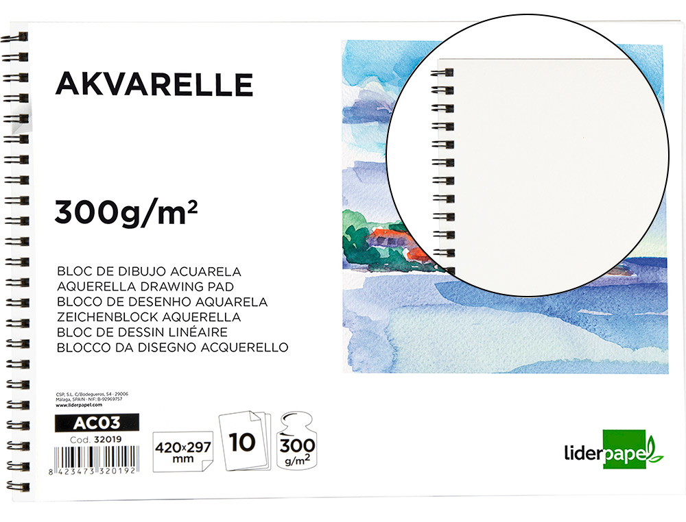 932019g-1.jpg Bloc dessin liderpapel aquarelle spirale papier grain moyen lisse 300g/m2 format a3 420x297mm 10f – Image 1