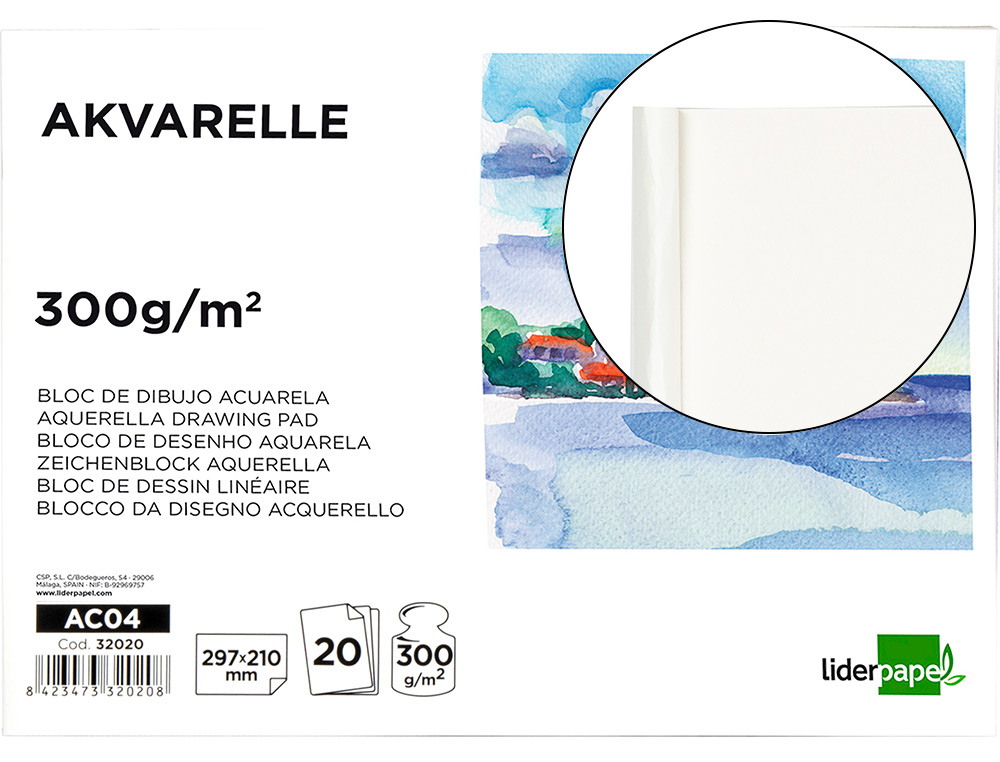 932020g-1.jpg Bloc dessin liderpapel aquarelle encollé papier grain moyen lisse 300g/m2 format a4 297x210mm 20f – Image 1