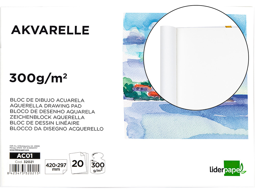 932021g-1.jpg Bloc dessin liderpapel aquarelle encollé papier grain moyen lisse 300g/m2 format a3 420x297mm 20f – Image 1