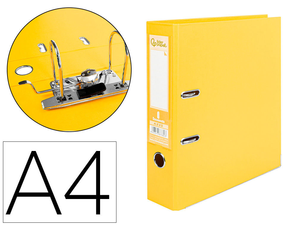932056g-1.jpg Classeur levier liderpapel a4 documenta carton rembordé 1,9mm dos 75mm rado métallique coloris jaune – Image 1