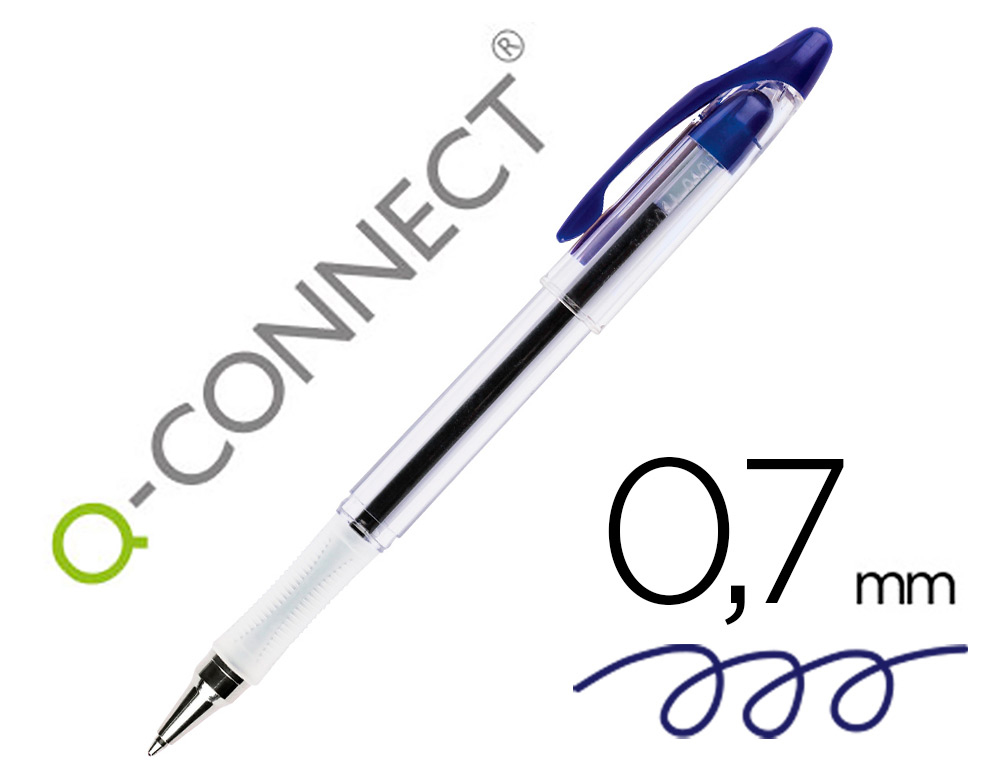 932595g-1.jpg Stylo-bille q-connect transparent trait 0.4mm pointe moyenne 0.7mm encre douce grip caoutchouc coloris bleu – Image 1