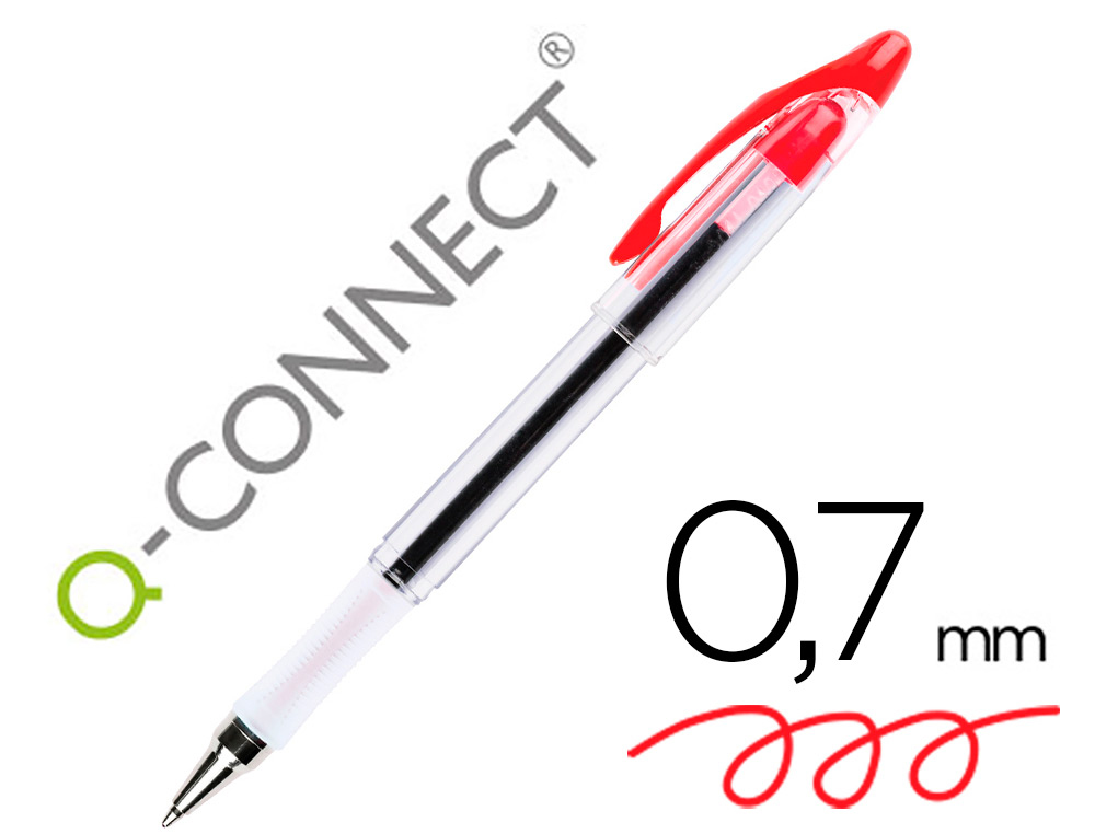 932596g-1.jpg Stylo-bille q-connect transparent trait 0.4mm pointe moyenne 0.7mm encre douce grip caoutchouc coloris rouge – Image 1