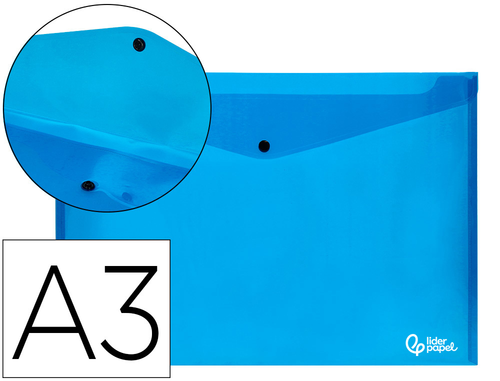 932837g-1.jpg Pochette enveloppe liderpapel polypropylène 180 microns a3 420x297mm 50f fermeture bouton résistant transparent bleu – Image 1