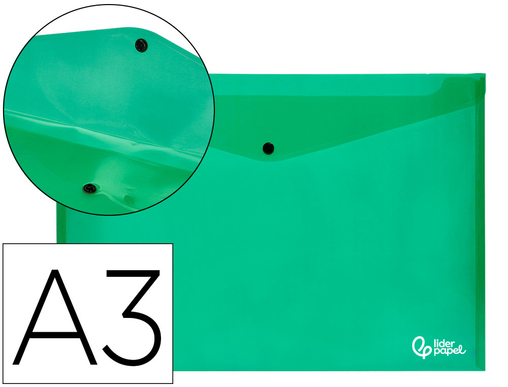 932838g-1.jpg Pochette enveloppe liderpapel polypropylène 180 microns a3 420x297mm 50f fermeture bouton résistant transparent vert – Image 1