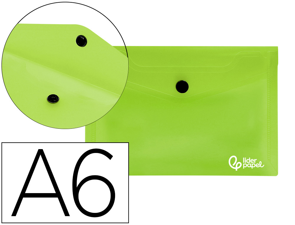 932843g-1.jpg Pochette enveloppe liderpapel polypropylène 180 microns a6 148x105mm 50f fermeture bouton transparent vert – Image 1