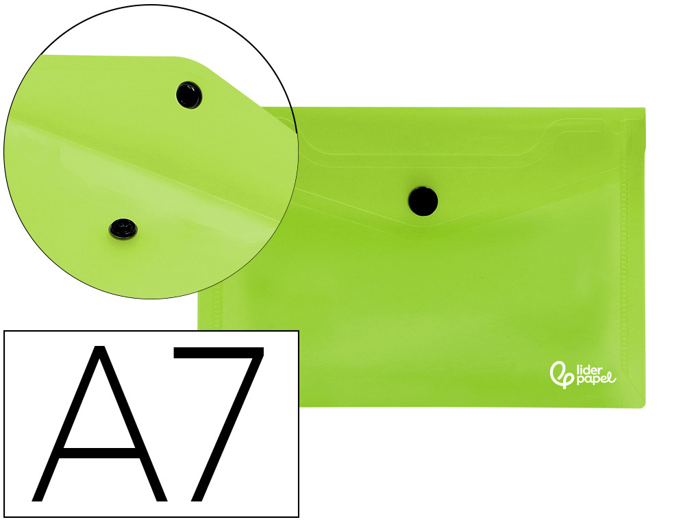 932849g-1.jpg Pochette enveloppe liderpapel polypropylène 180 microns a7 105x74mm 50f fermeture bouton résistant transparent vert – Image 1