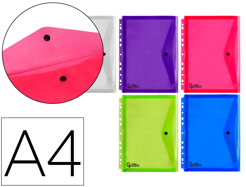 932857g-1.jpg Pochette enveloppe liderpapel polypropylène 180 microns a4 210x297mm 50f résistant perforée coloris assortis pack 5u – Image 1