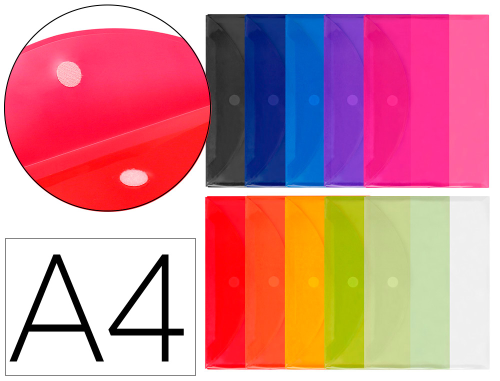 935996g-1.jpg Pochette enveloppe liderpapel polypropylène 180 microns a4 297x210mm fermeture velcro coloris assortis pack 12 unités – Image 1