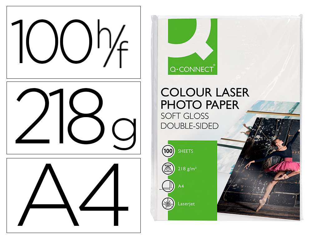 936218g-1.jpg Papier photo q-connect laser semi glacé brillant a4 218g/m2 compatible toutes imprimantes paquet 100 feuilles – Image 1